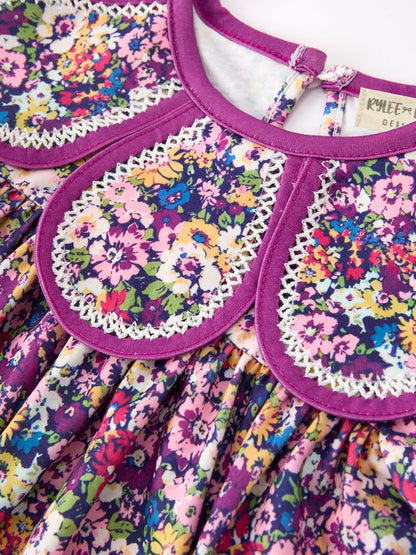 💜 Purple Floral Bow Petals Collar Girls Dress | Boutique Baby Girl Spring & Summer Dress