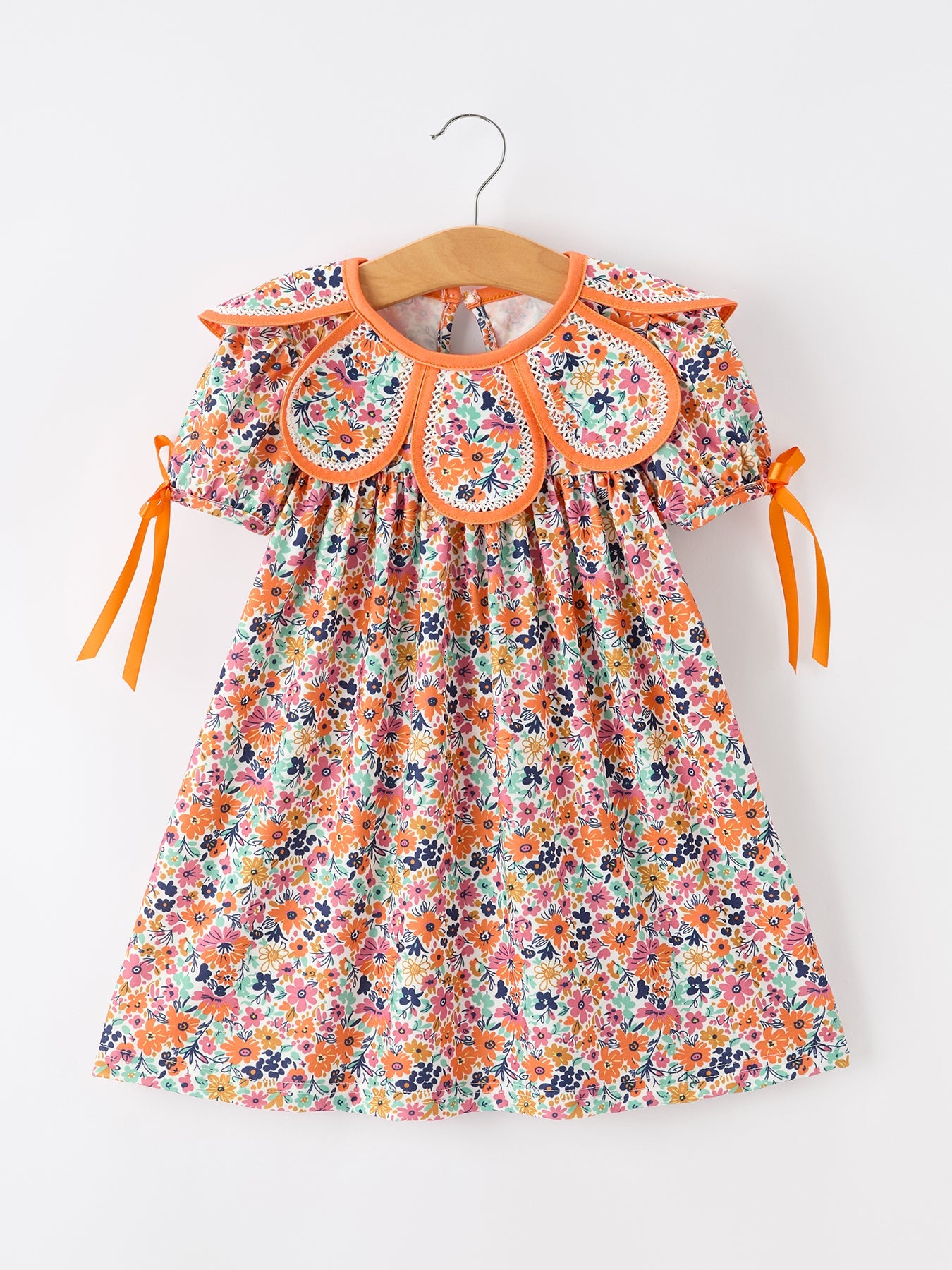 🧡 Orange Floral Bow Petals Collar Girls Dress | Boutique Baby Girl Spring & Summer Dress