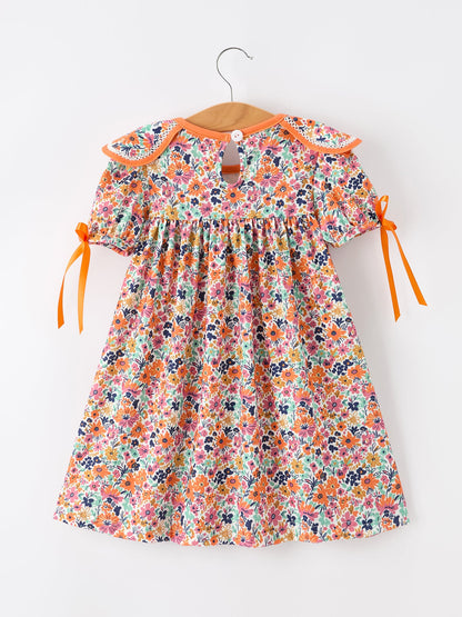 🧡 Orange Floral Bow Petals Collar Girls Dress | Boutique Baby Girl Spring & Summer Dress