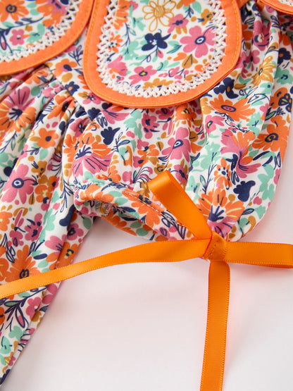 🧡 Orange Floral Bow Petals Collar Girls Dress | Boutique Baby Girl Spring & Summer Dress