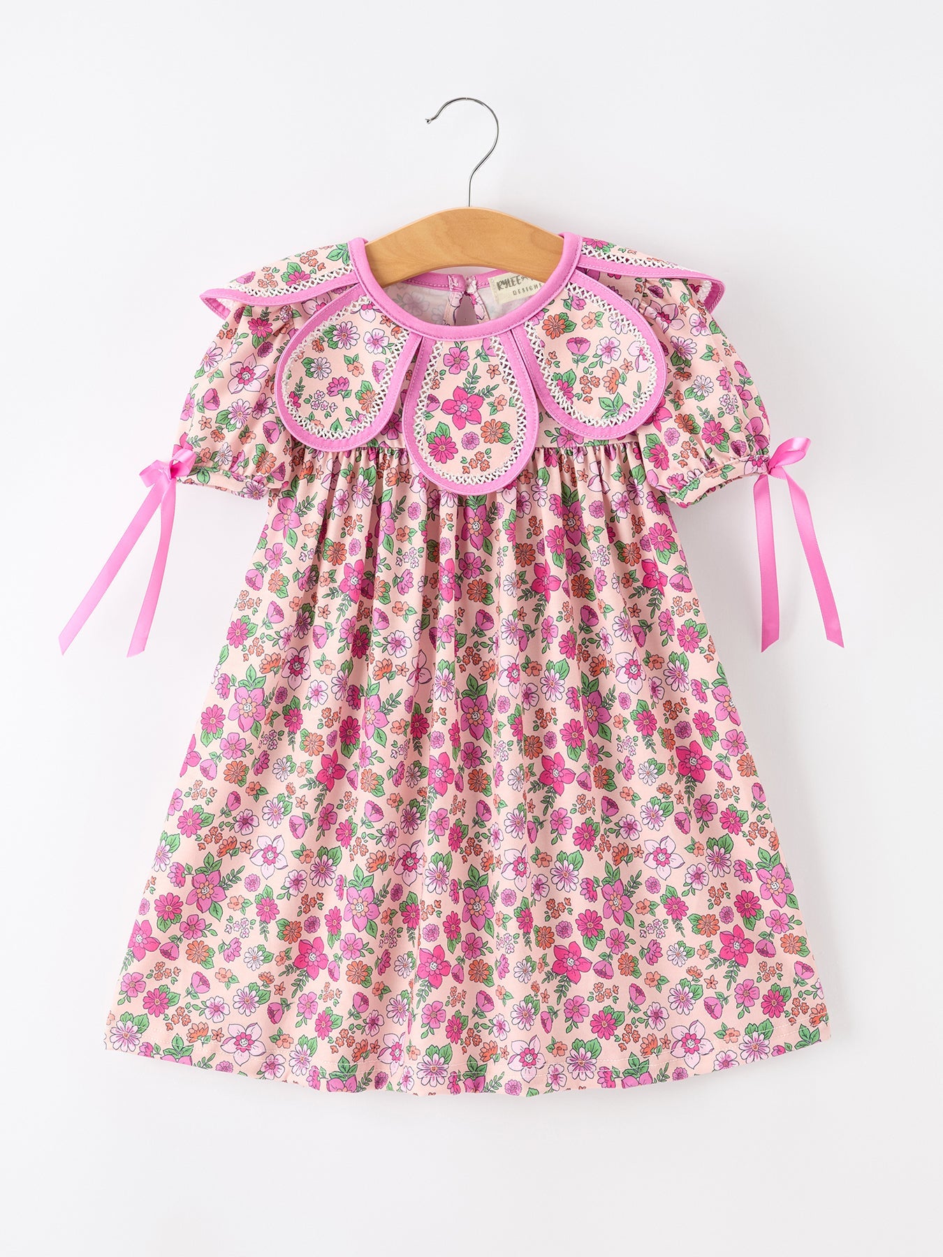 🌸 Pink Floral Bow Petals Collar Girls Dress | Boutique Baby Girl Spring & Summer Dress