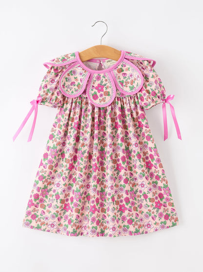 🌸 Pink Floral Bow Petals Collar Girls Dress | Boutique Baby Girl Spring & Summer Dress