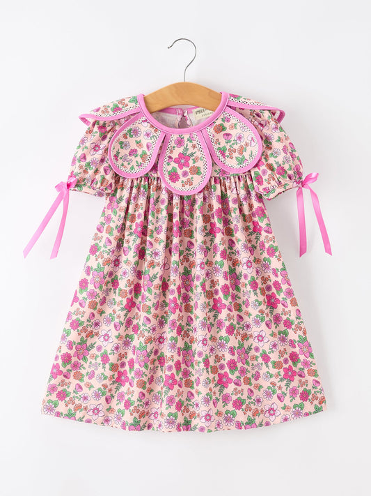 🌸 Pink Floral Bow Petals Collar Girls Dress | Boutique Baby Girl Spring & Summer Dress