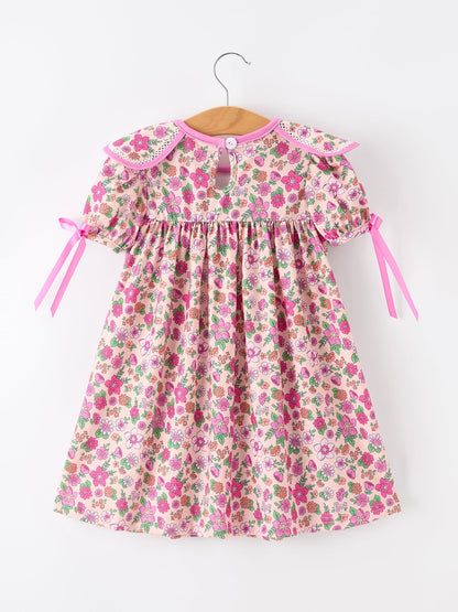 🌸 Pink Floral Bow Petals Collar Girls Dress | Boutique Baby Girl Spring & Summer Dress