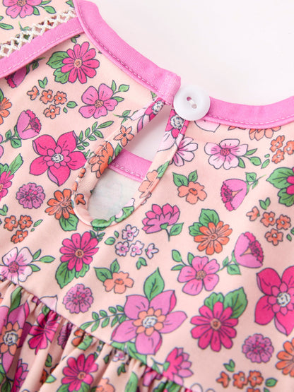 🌸 Pink Floral Bow Petals Collar Girls Dress | Boutique Baby Girl Spring & Summer Dress