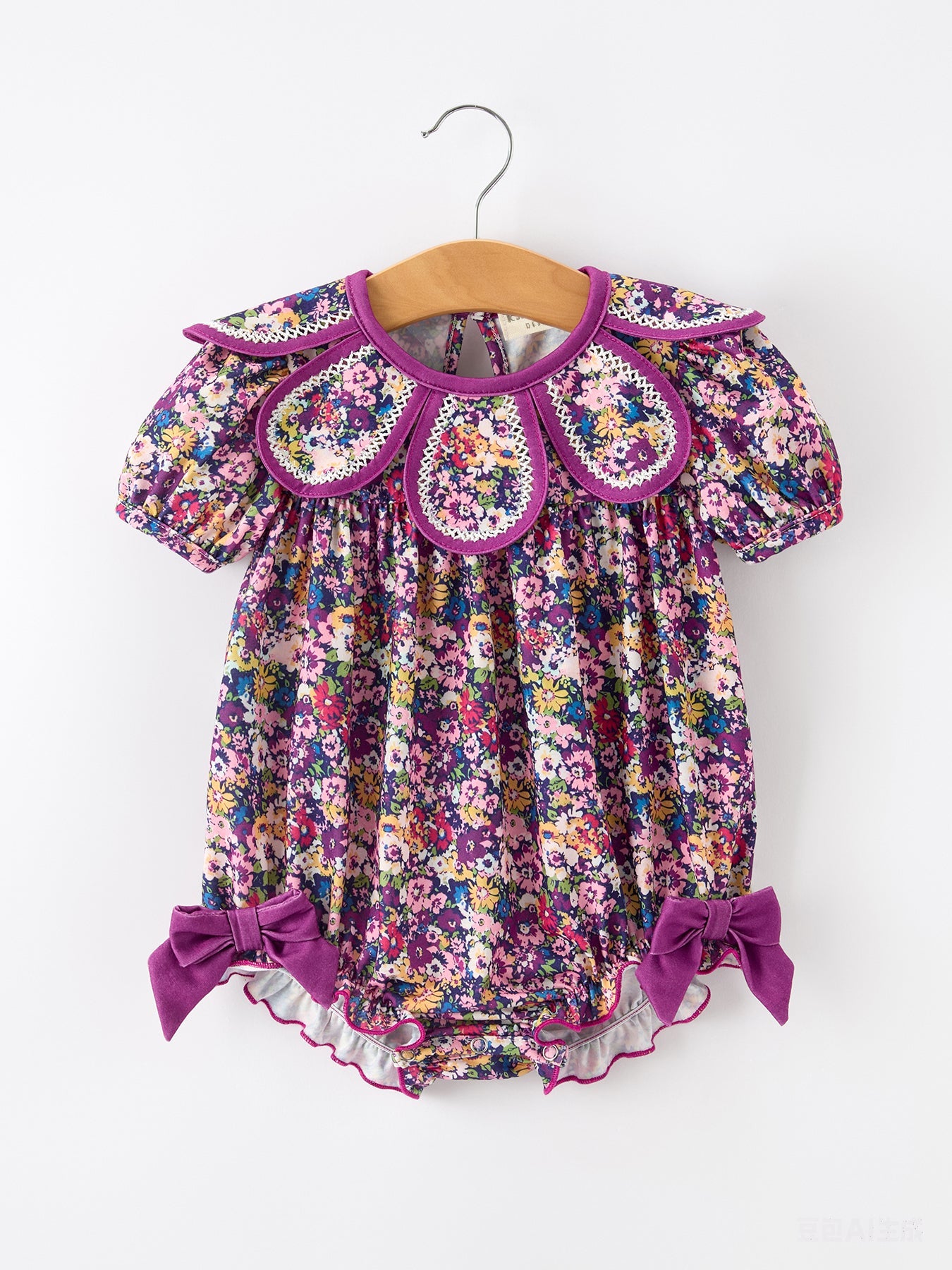 💜 Purple Floral Bow Petals Collar Girls Romper | Boutique Baby Girl Spring & Summer Outfit