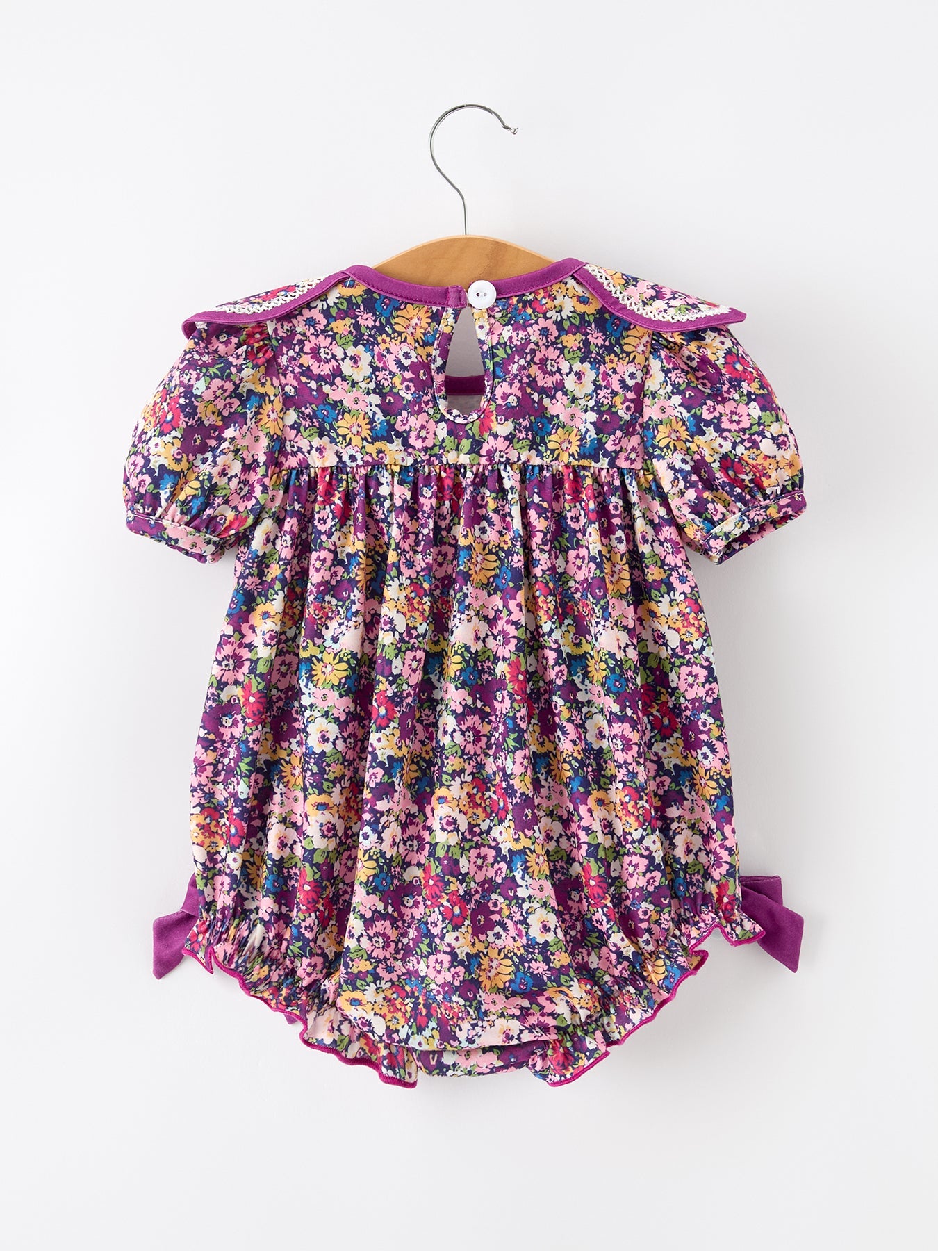 💜 Purple Floral Bow Petals Collar Girls Romper | Boutique Baby Girl Spring & Summer Outfit
