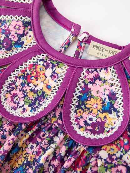 💜 Purple Floral Bow Petals Collar Girls Romper | Boutique Baby Girl Spring & Summer Outfit
