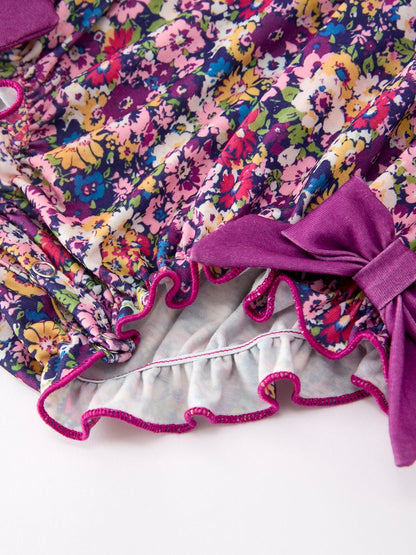 💜 Purple Floral Bow Petals Collar Girls Romper | Boutique Baby Girl Spring & Summer Outfit