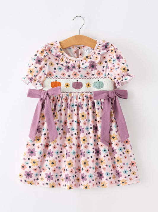🎃 Halloween Thanksgiving Pumpkin Floral Bow Girls Dress | Fall Boutique Girl Dress
