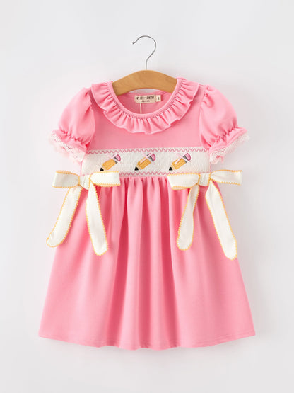 🎒 Back to School Embroidered Girls Dress | Bow Ruffle Puff Sleeve School Outfit 🍎