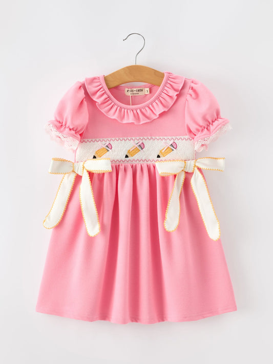 🎒 Back to School Embroidered Girls Dress | Bow Ruffle Puff Sleeve School Outfit 🍎