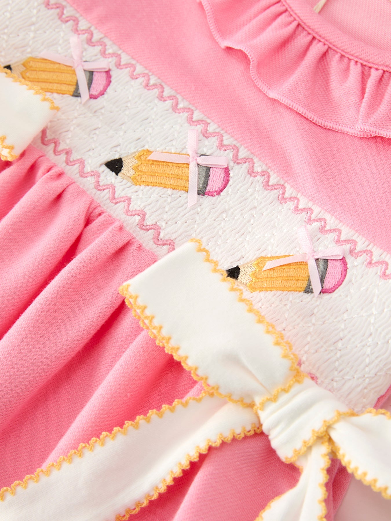 🎒 Back to School Embroidered Girls Dress | Bow Ruffle Puff Sleeve School Outfit 🍎