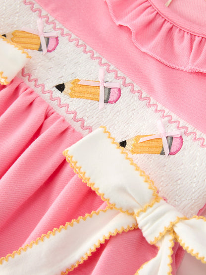 🎒 Back to School Embroidered Girls Dress | Bow Ruffle Puff Sleeve School Outfit 🍎