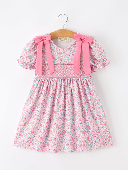🎀 Pink Bow Smocked Floral Girl Dress | Boutique Baby Girl Spring & Summer Dress