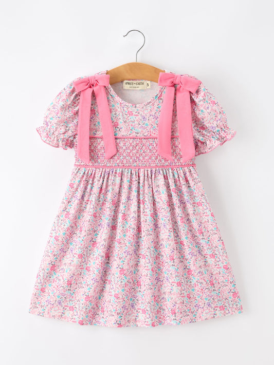 🎀 Pink Bow Smocked Floral Girl Dress | Boutique Baby Girl Spring & Summer Dress
