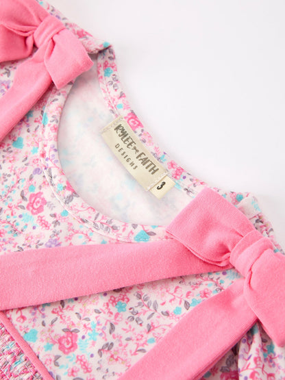 🎀 Pink Bow Smocked Floral Girl Dress | Boutique Baby Girl Spring & Summer Dress