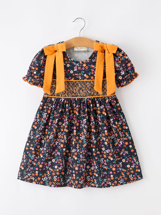 🍂 Fall Orange Bow Smocked Floral Girl Dress | Boutique Baby & Toddler Autumn Dress