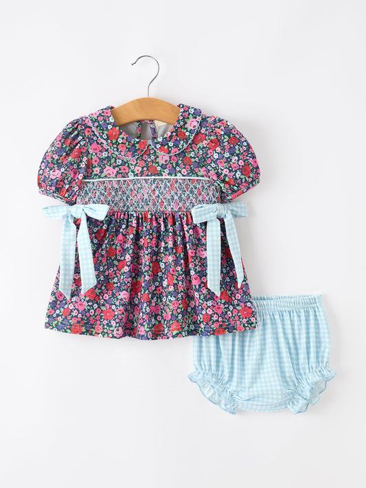 💙 Blue Bow Floral Smocked Girl Bloomer Set | Boutique Baby Girl Summer Outfit