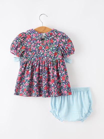 💙 Blue Bow Floral Smocked Girl Bloomer Set | Boutique Baby Girl Summer Outfit
