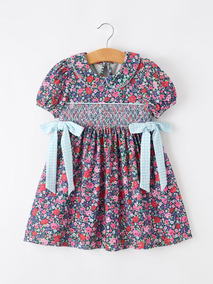 💙 Blue Bow Smocked Floral Girl Dress | Boutique Baby Girl Spring & Summer Dress