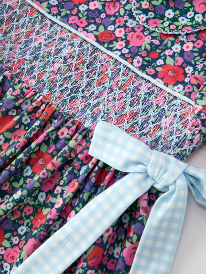 💙 Blue Bow Smocked Floral Girl Dress | Boutique Baby Girl Spring & Summer Dress
