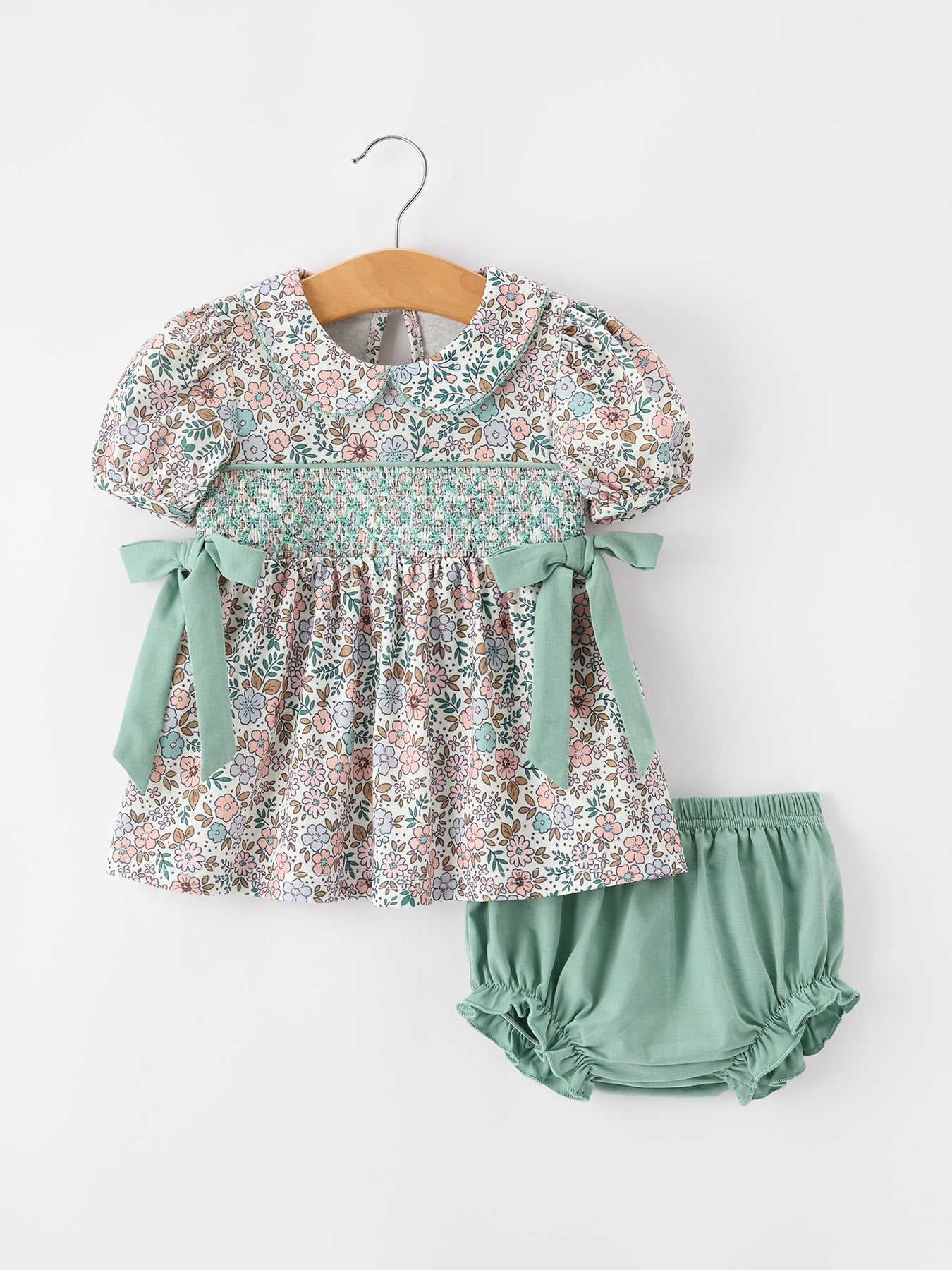 🌿 Sage Green Floral Smocked Girl Bloomer Set | Boutique Baby Girl Spring & Summer Outfit