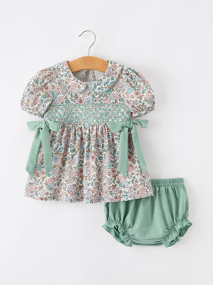 🌿 Sage Green Floral Smocked Girl Bloomer Set | Boutique Baby Girl Spring & Summer Outfit