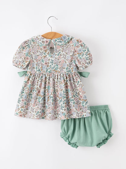 🌿 Sage Green Floral Smocked Girl Bloomer Set | Boutique Baby Girl Spring & Summer Outfit