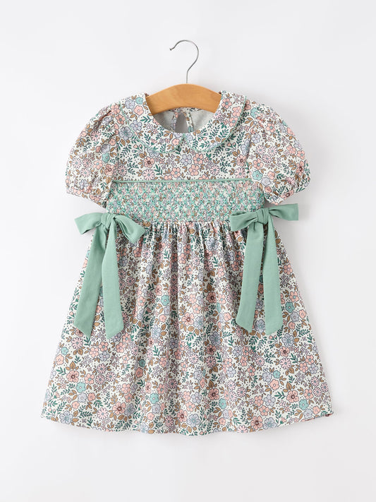 🌿 Sage Green Bow Floral Smocked Girl Dress | Boutique Baby Girl Spring & Summer Dress