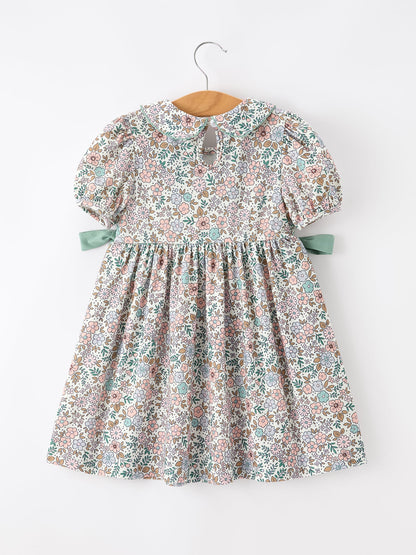 🌿 Sage Green Bow Floral Smocked Girl Dress | Boutique Baby Girl Spring & Summer Dress