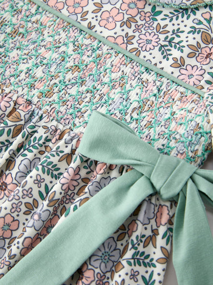 🌿 Sage Green Bow Floral Smocked Girl Dress | Boutique Baby Girl Spring & Summer Dress