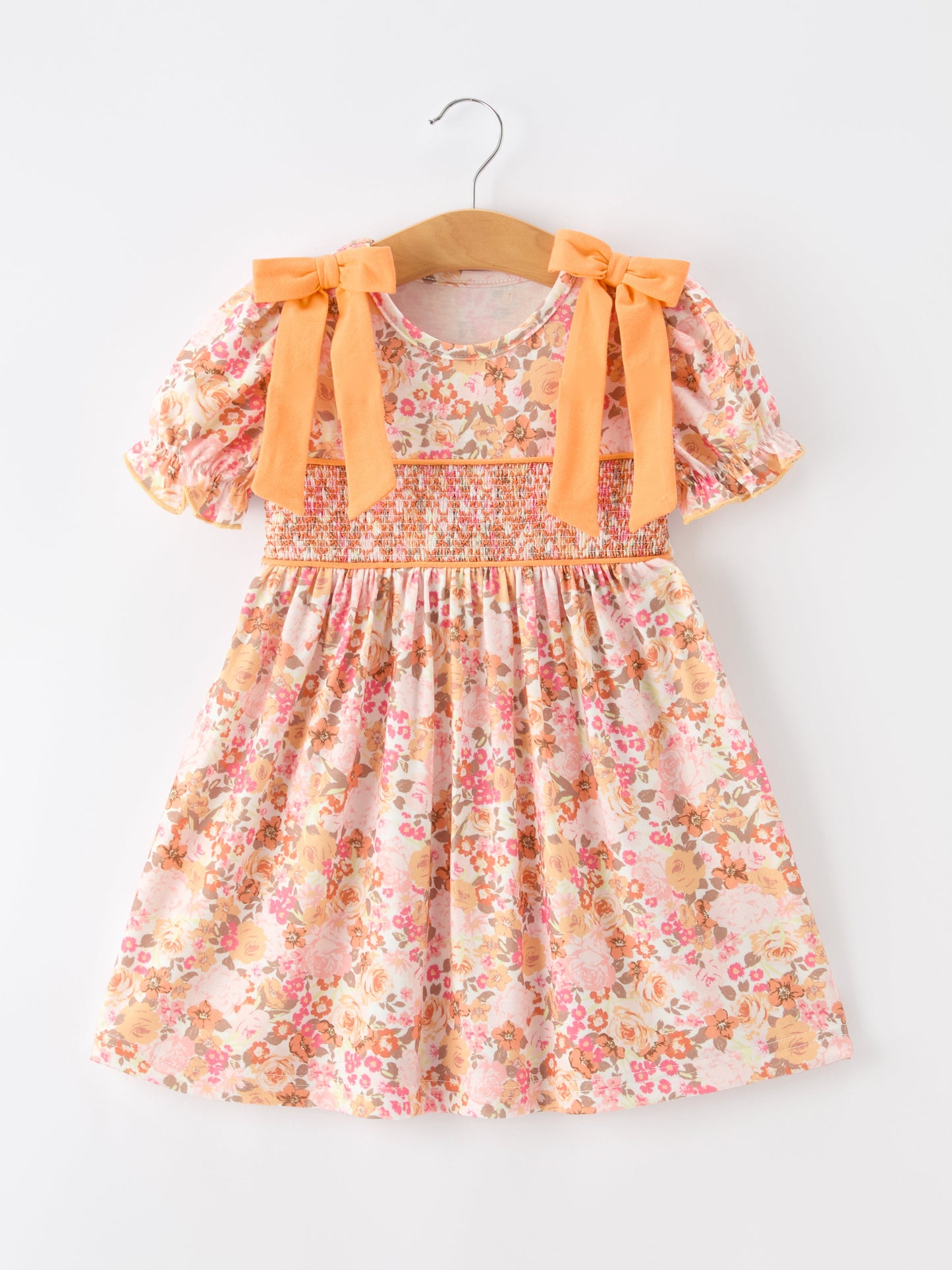 🍑 Peach Bow Smocked Floral Girl Dress | Boutique Baby Girl Spring & Summer Dress