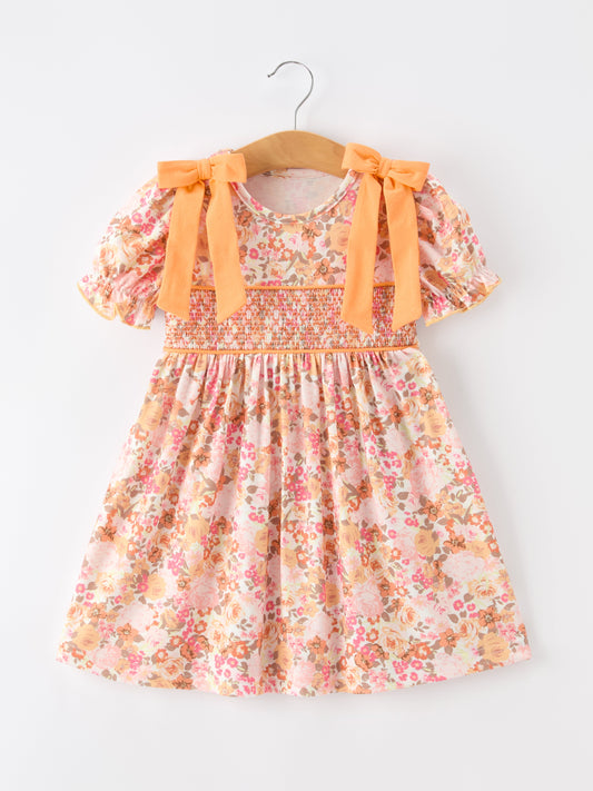 🍑 Peach Bow Smocked Floral Girl Dress | Boutique Baby Girl Spring & Summer Dress
