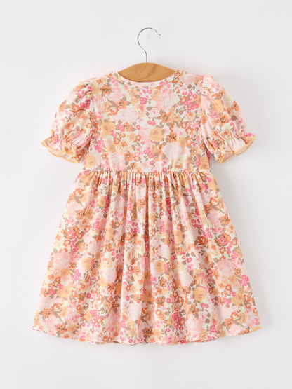 🍑 Peach Bow Smocked Floral Girl Dress | Boutique Baby Girl Spring & Summer Dress