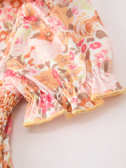 🍑 Peach Bow Smocked Floral Girl Dress | Boutique Baby Girl Spring & Summer Dress