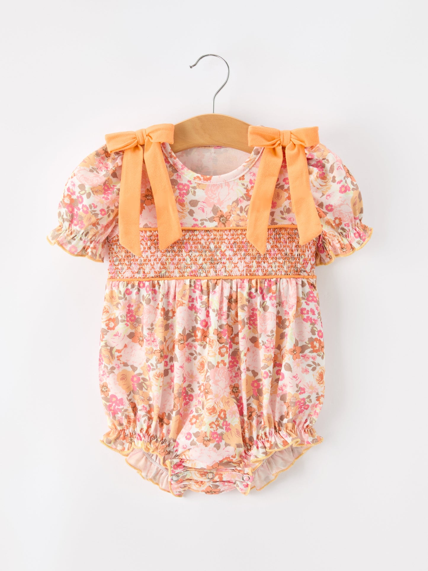 🍑 Peach Bow Smocked Floral Baby Bubble | Boutique Baby Girl Spring & Summer Outfit
