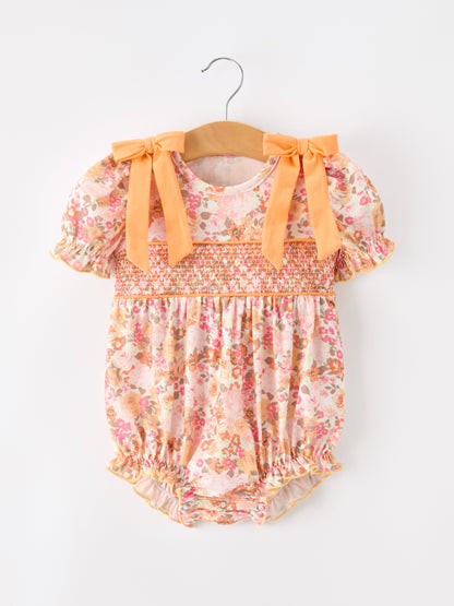 🍑 Peach Bow Smocked Floral Baby Bubble | Boutique Baby Girl Spring & Summer Outfit