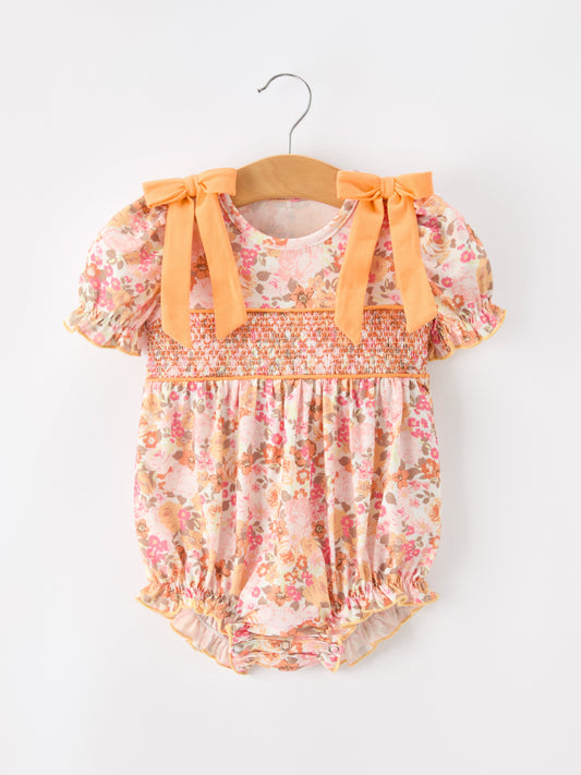 🍑 Peach Bow Smocked Floral Baby Bubble | Boutique Baby Girl Spring & Summer Outfit