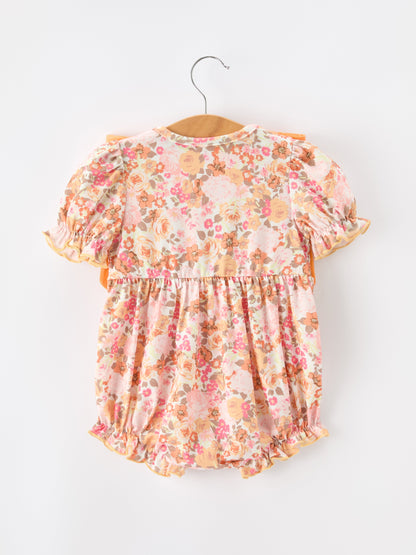 🍑 Peach Bow Smocked Floral Baby Bubble | Boutique Baby Girl Spring & Summer Outfit