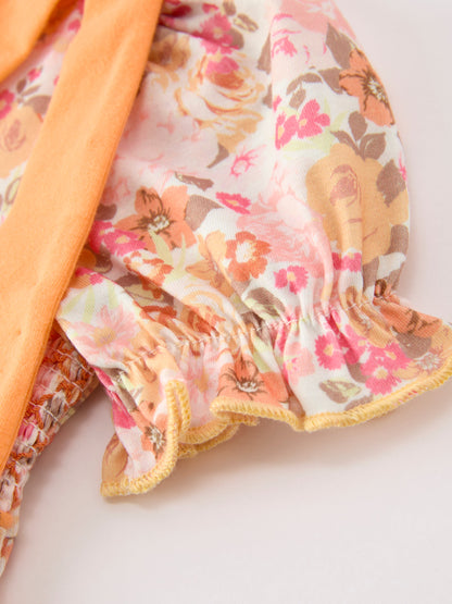 🍑 Peach Bow Smocked Floral Baby Bubble | Boutique Baby Girl Spring & Summer Outfit