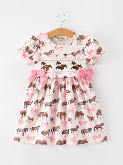 Western Horse Smocked Girls Dress | Cowboy Girl Boutique Dress | Bow Ruffle Short Sleeve Toddler Outfit