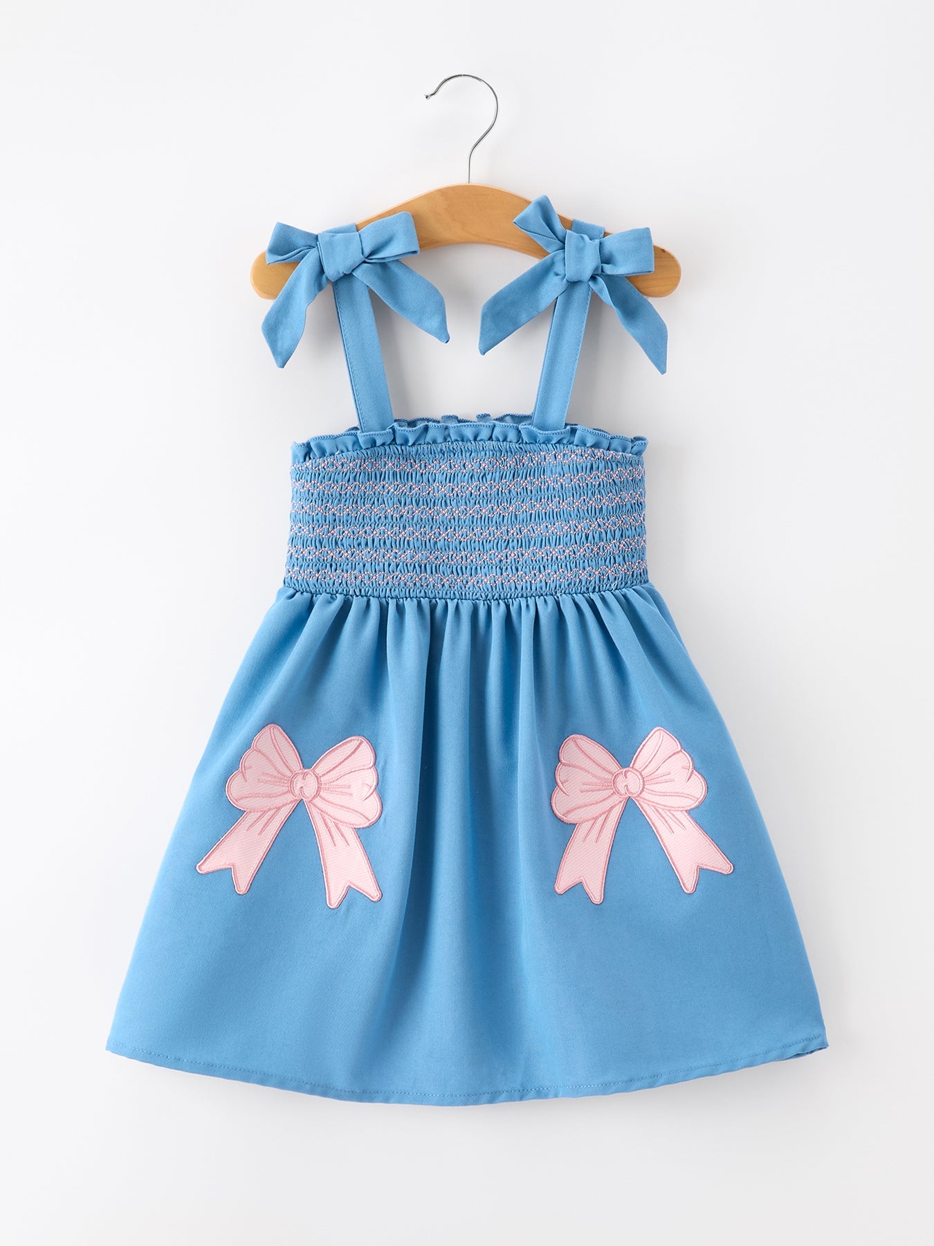 Summer Bow Girls Smocked Strap Dress | Boutique Baby Girl Dress | Bow Applique Toddler Outfit