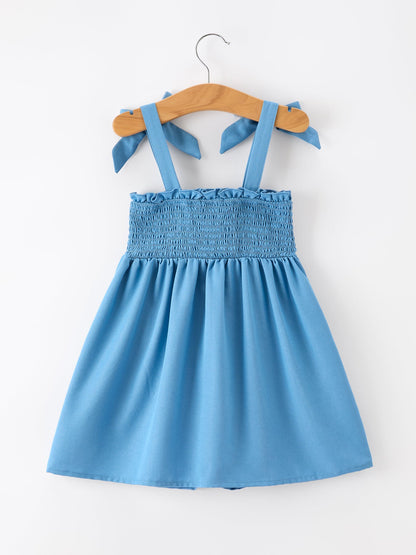 Summer Bow Girls Smocked Strap Dress | Boutique Baby Girl Dress | Bow Applique Toddler Outfit