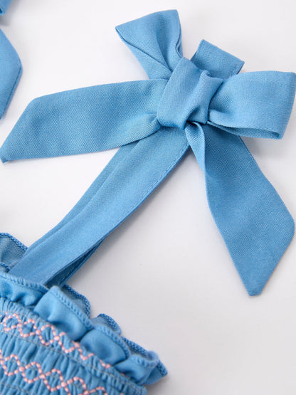 Summer Bow Girls Smocked Strap Dress | Boutique Baby Girl Dress | Bow Applique Toddler Outfit