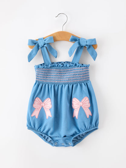 Summer Bow Baby Romper | Smocked Strap Bubble Romper | Bow Applique Boutique Baby Girl Outfit