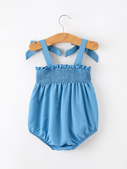 Summer Bow Baby Romper | Smocked Strap Bubble Romper | Bow Applique Boutique Baby Girl Outfit