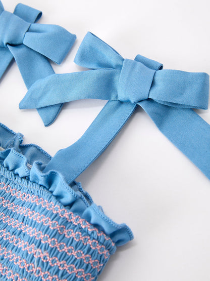 Summer Bow Baby Romper | Smocked Strap Bubble Romper | Bow Applique Boutique Baby Girl Outfit