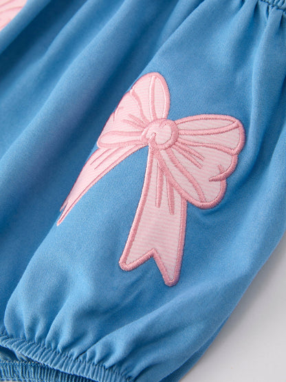 Summer Bow Baby Romper | Smocked Strap Bubble Romper | Bow Applique Boutique Baby Girl Outfit
