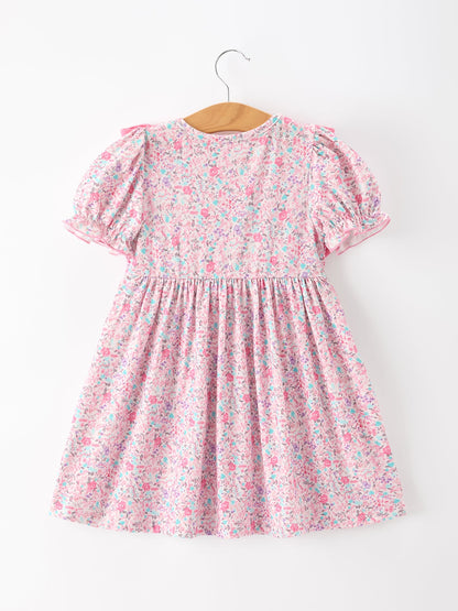 🎀 Pink Bow Smocked Floral Girl Dress | Boutique Baby Girl Spring & Summer Dress